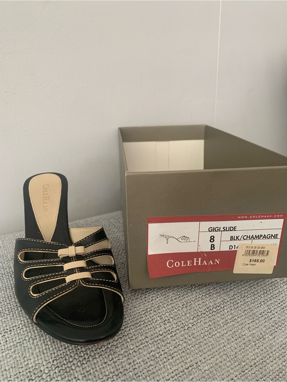 Cole Haan GIGI SLIDE   Black & Champagne Strappy Slide Sandal. With original box